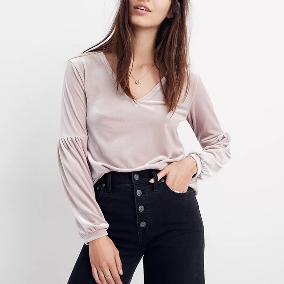 Madewell Velvet Bubble-Sleeve Top Mauve - Picture 2 of 8